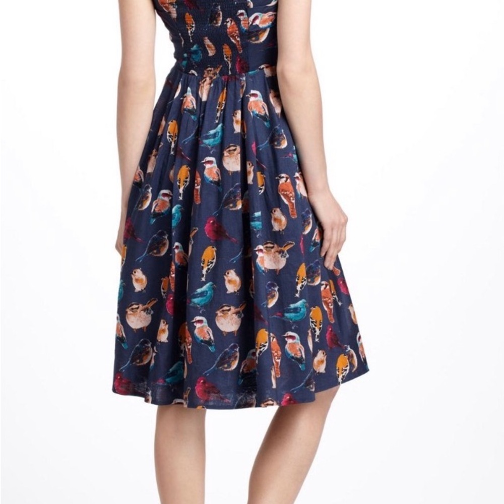 Maeve Strapless Navy Bird-Print Midi Dress - Picture 3 of 7